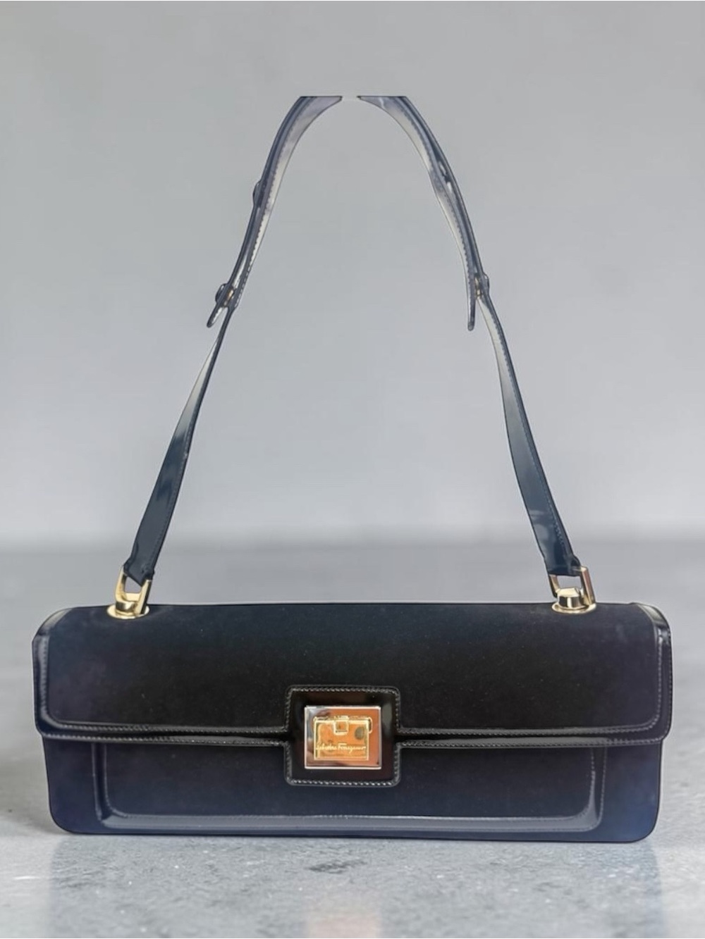 Salvatore Ferragamo Vintage East-West Black Suede and Patent  Shoulder Bag